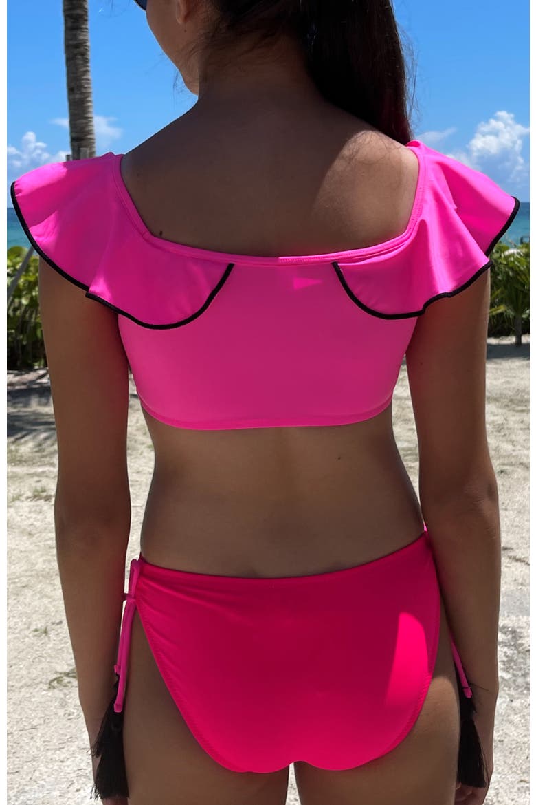 Kids' Off-Shoulder Bikini with Gathered Front & Tassel Ties, Alternate, color, Pink-Red