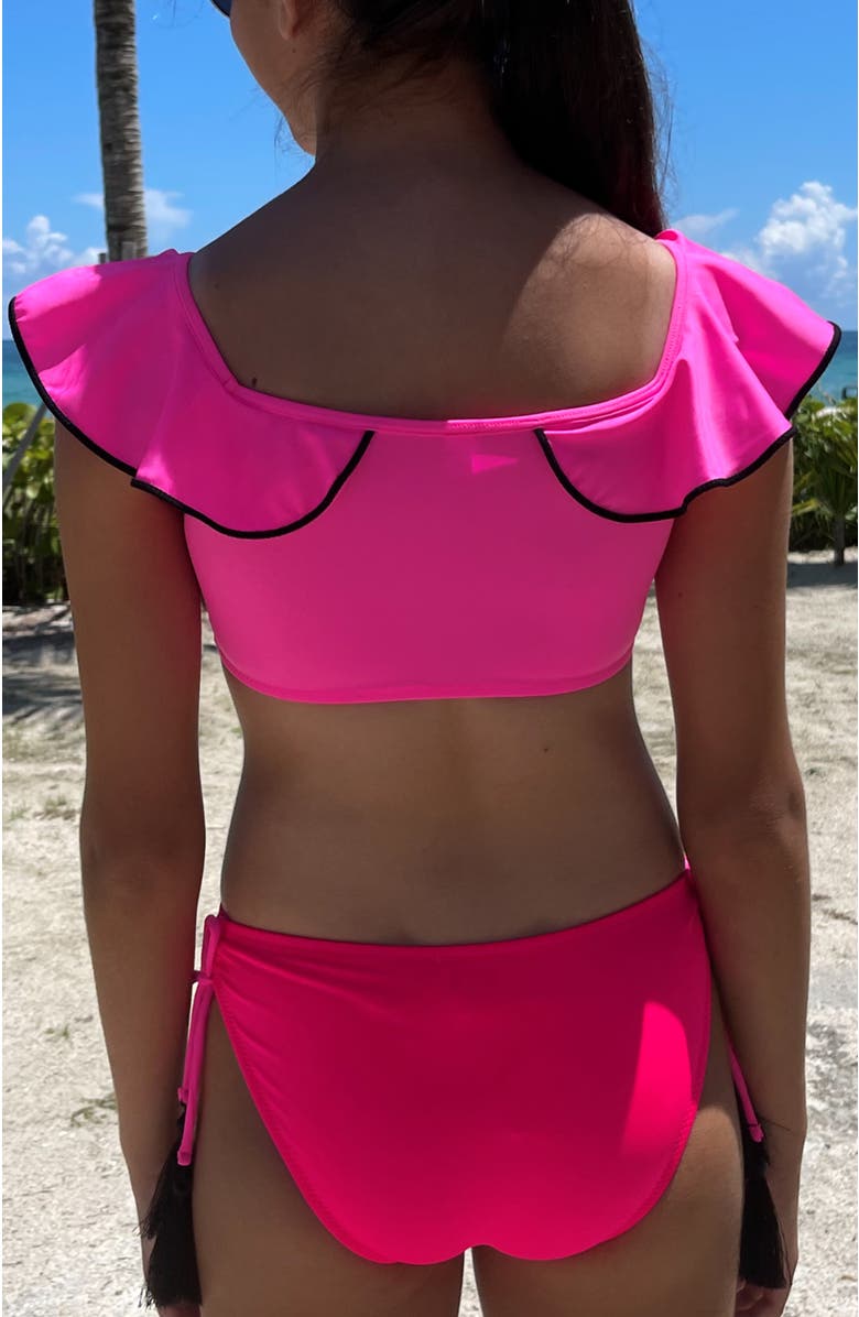 NESSI BYRD Kids' Off-Shoulder Bikini with Gathered Front & Tassel Ties, Alternate, color, Pink-Red