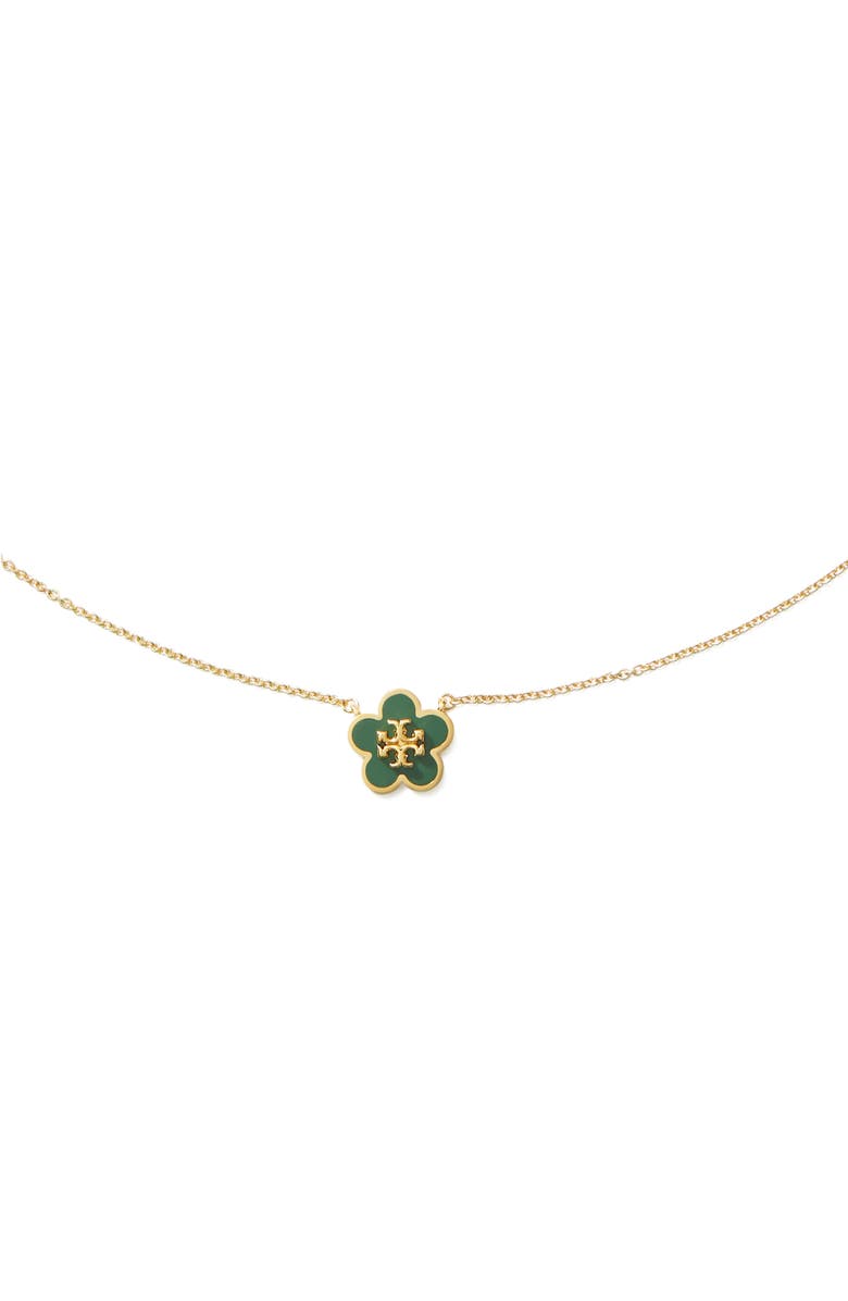 Tory Burch Forget Me Not Enamel Pendant Necklace, Alternate, color, Tory Gold / Dark Kale