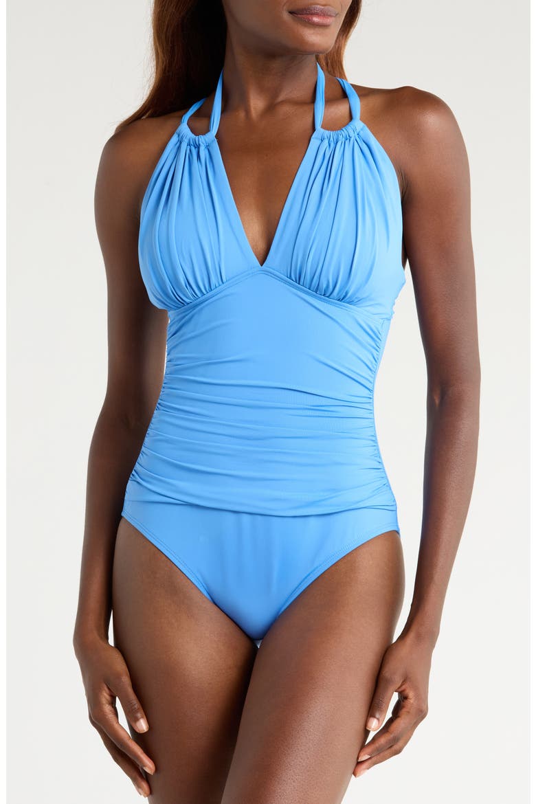 Island Goddess Convertible High Neck One-Piece Swimsuit, Main, color, CHAMBRAY