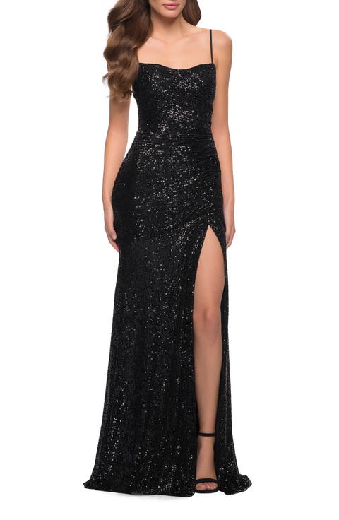 Lace Up Back Sequin Gown with Flare Skirt