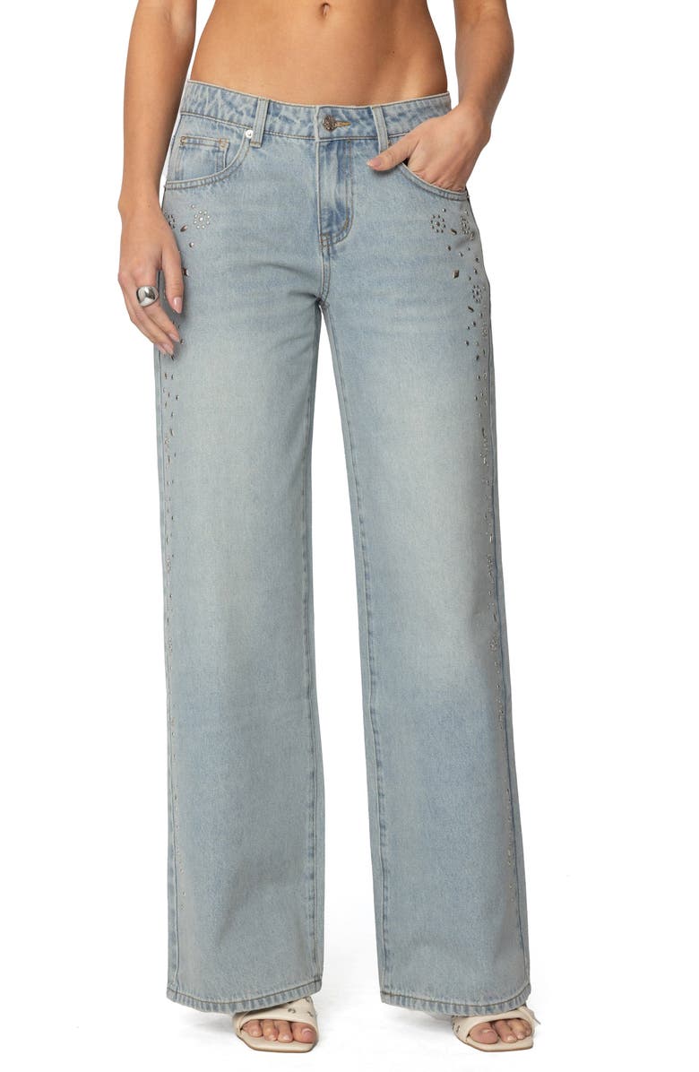 EDIKTED Everly Studded Low Rise Baggy Jeans, Main, color, Blue