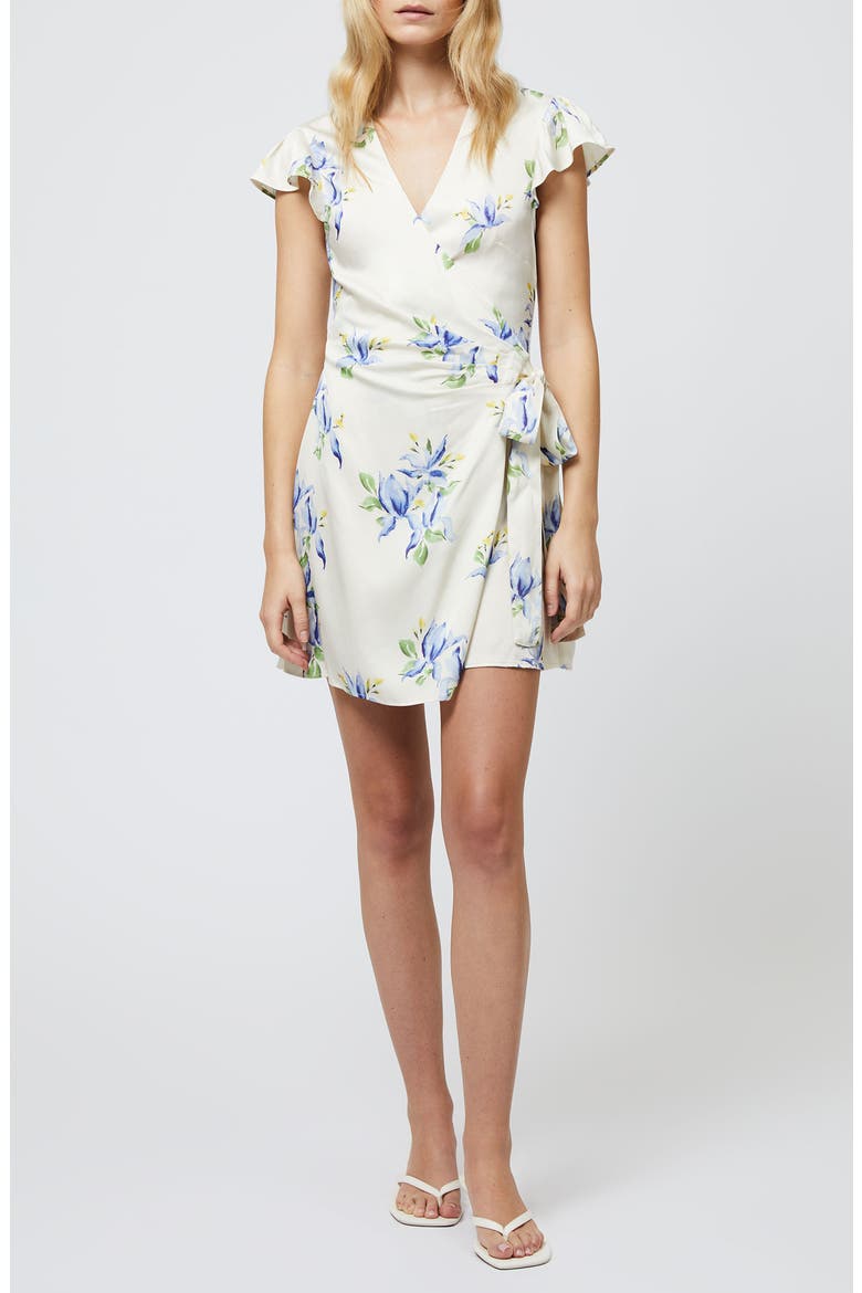 Ennis Vivian Floral Satin Wrap Minidress, Main, color, PALE IRIS MULTI