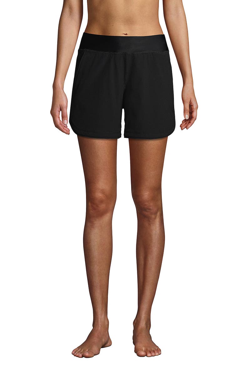Lands' End Curvy Fit 5" Quick Dry Board Shorts Swim Shorts with Panty, Alternate, color, Black