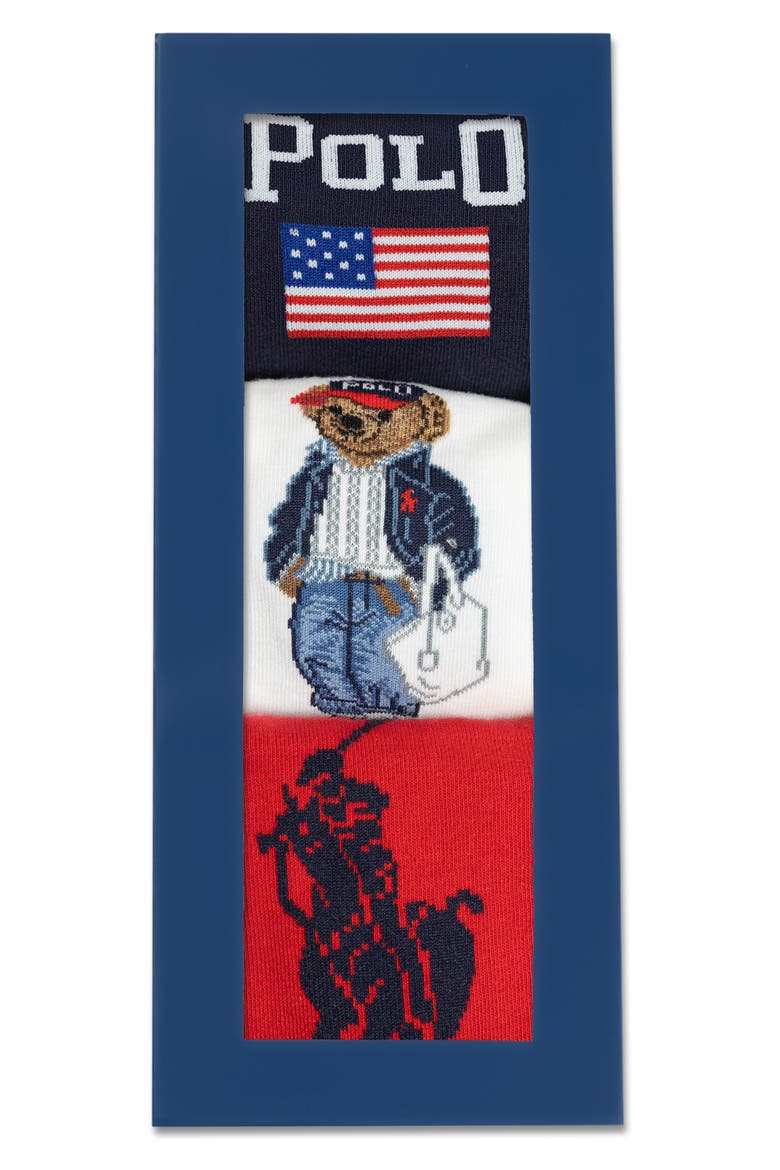 Americana Bear Assorted 3-Pack Cotton Blend Crew Socks Gift Box, Alternate, color, RED MULTI