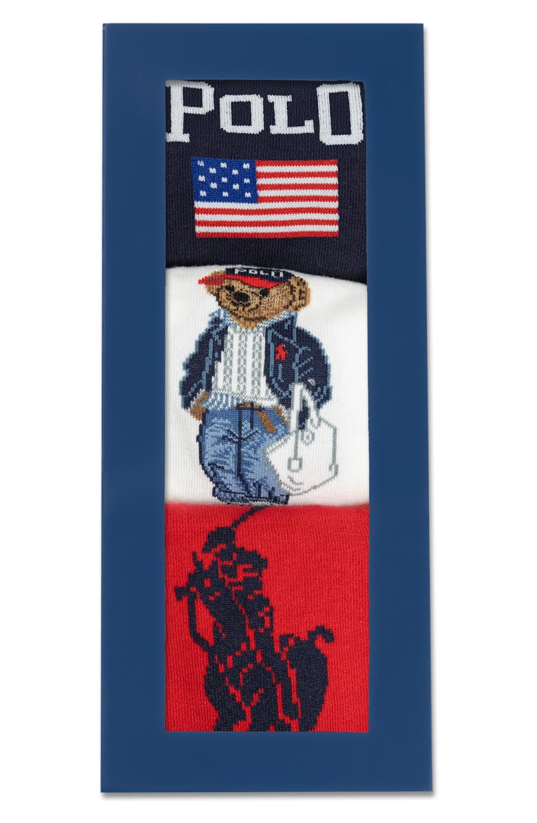 Polo Ralph Lauren Americana Bear Assorted 3-Pack Cotton Blend Crew Socks Gift Box, Alternate, color, Red Multi