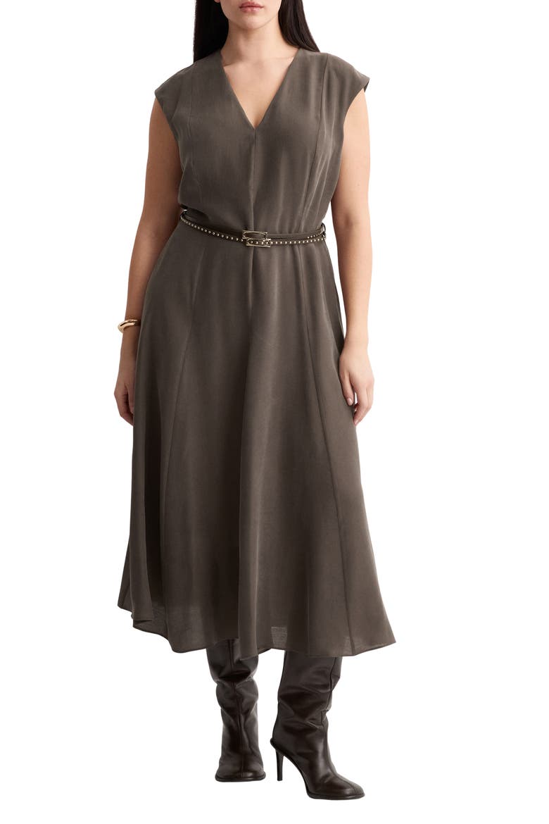 Double Belt A-Line Dress, Main, color, BROWN