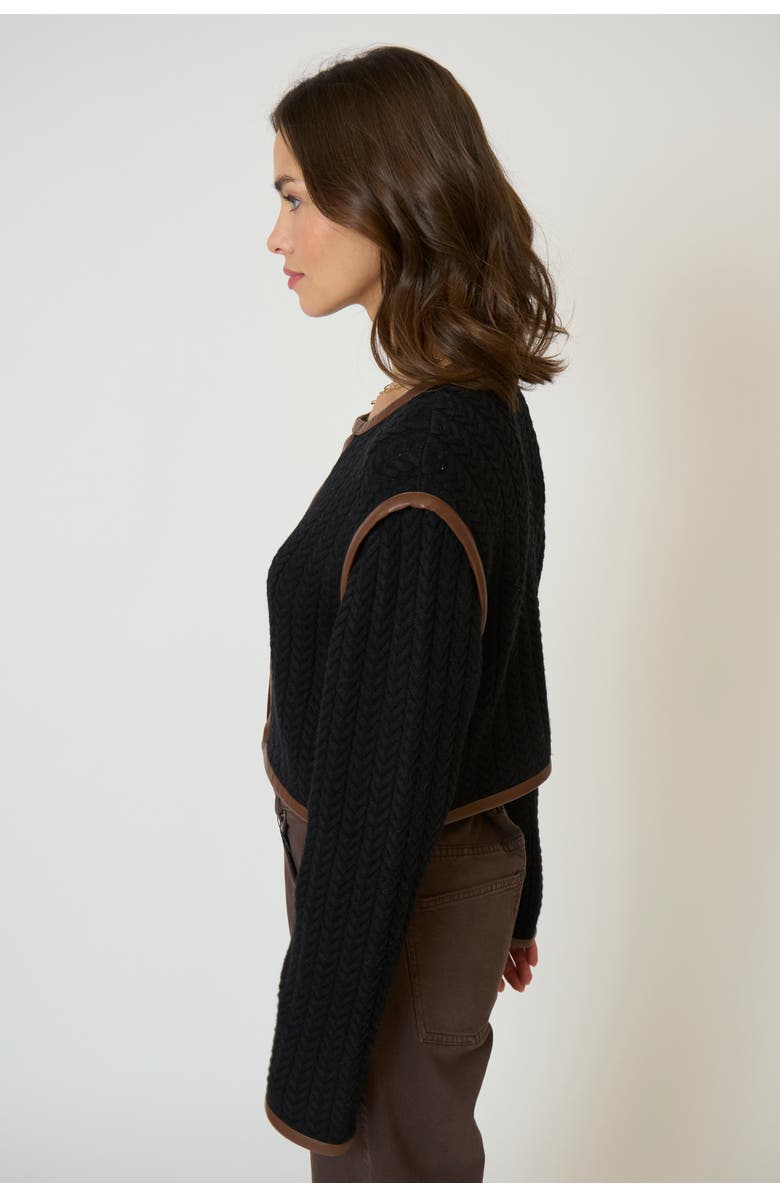 Central Park West Women's Atlas Leather Trim Cable Cardi, Alternate, color,