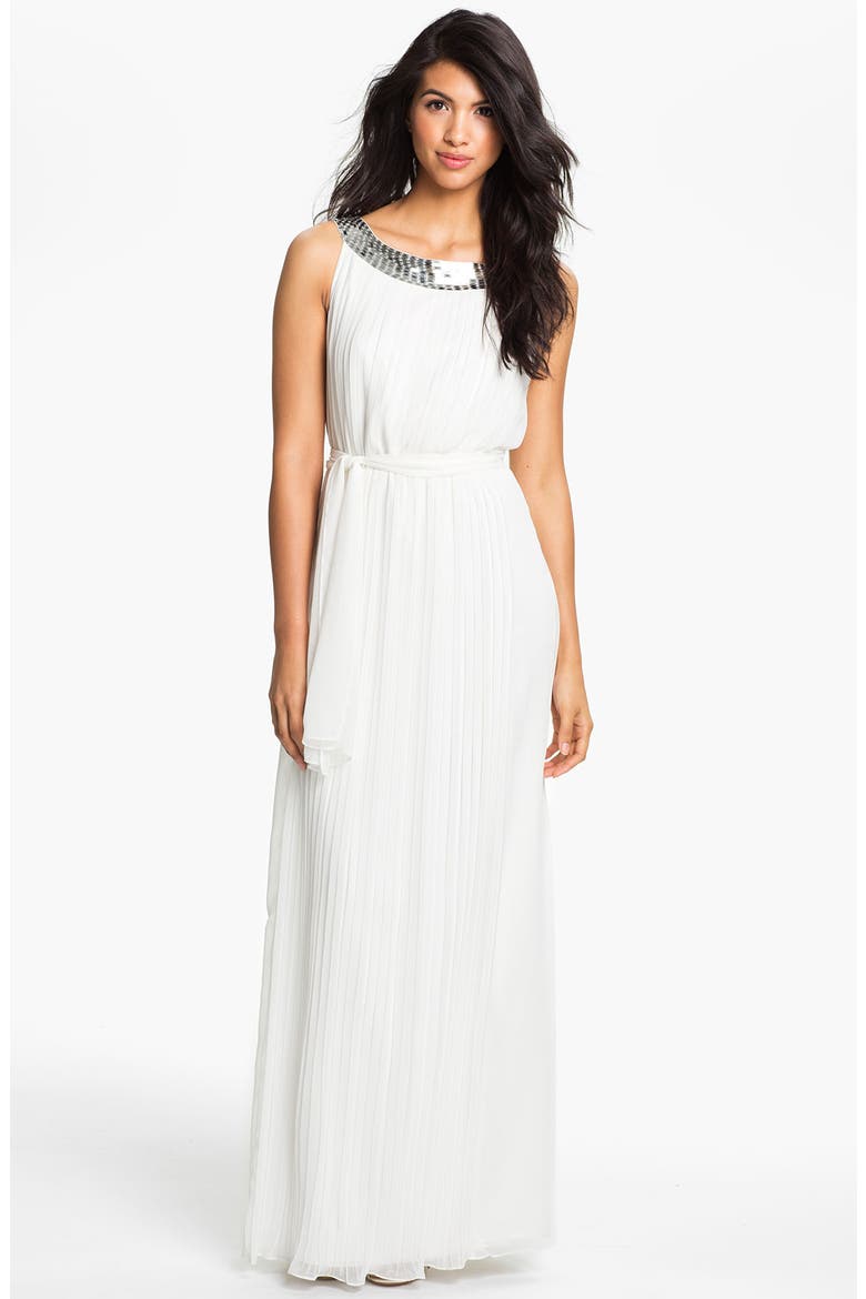 Sequin Neck Pleated Chiffon Gown, Main, color, EGGSHELL