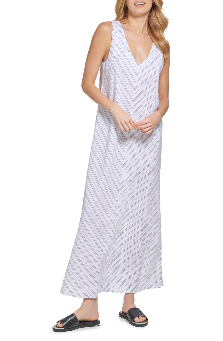 DKNY Stripe V-Neck Linen Blend Maxi Dress, Alternate, color, 