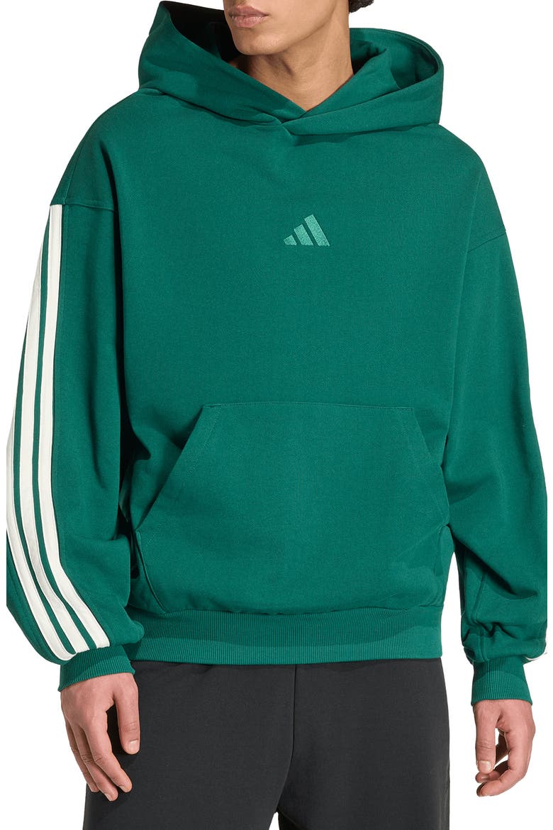 Essentials 3-Stripes Fleece Hoodie, Main, color, COLLEGIATE GREEN/ OFF WHITE