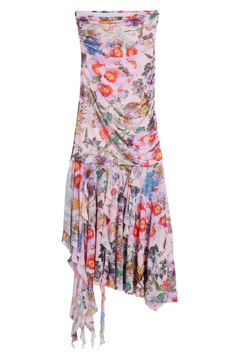 Ruched Ruffle Hem Asymmetric Maxi Dress, Alternate, color, PURPLE/ RED MULTI