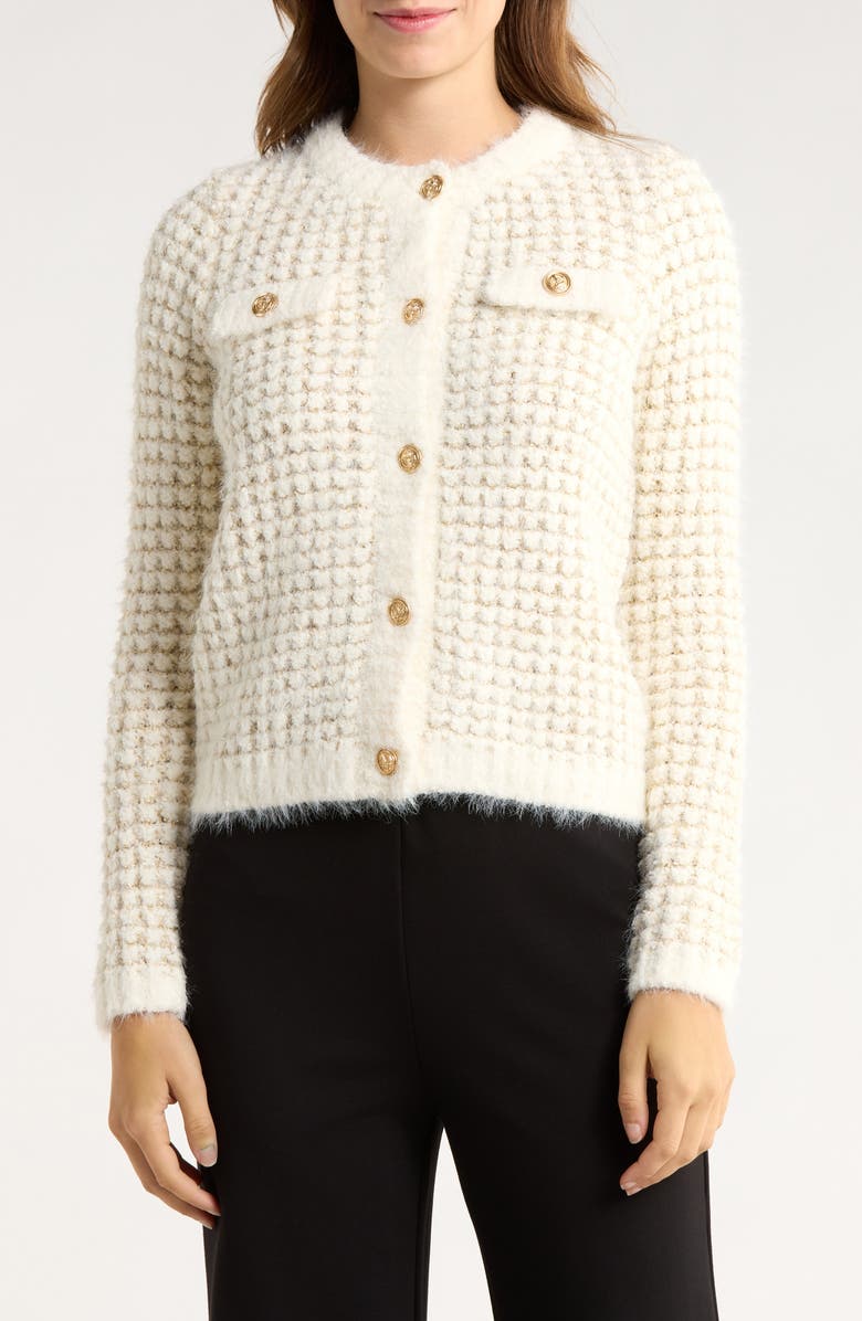ELIE ELIE TAHARI Metallic Knit Cardigan, Main, color, Ivory/ Gold
