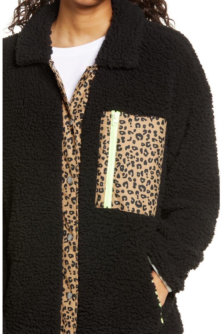 Leopard Trim Fleece Jacket, Alternate, color, BLACK LEOPARD