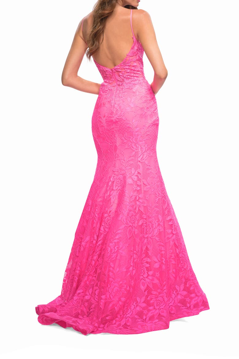 Neon Pink Mermaid Lace Prom Dress with Sheer Jeweled Bodice, Alternate, color, Neon Pink