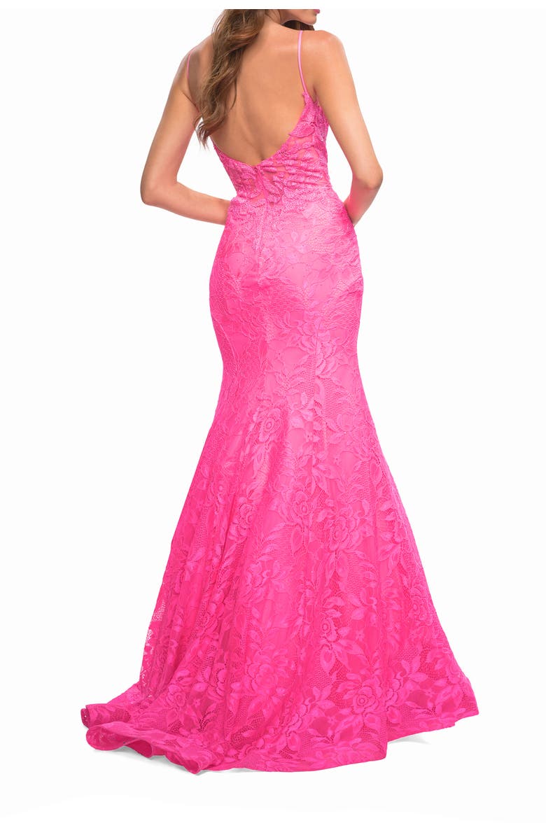 La Femme Neon Pink Mermaid Lace Prom Dress with Sheer Jeweled Bodice, Alternate, color, Neon Pink