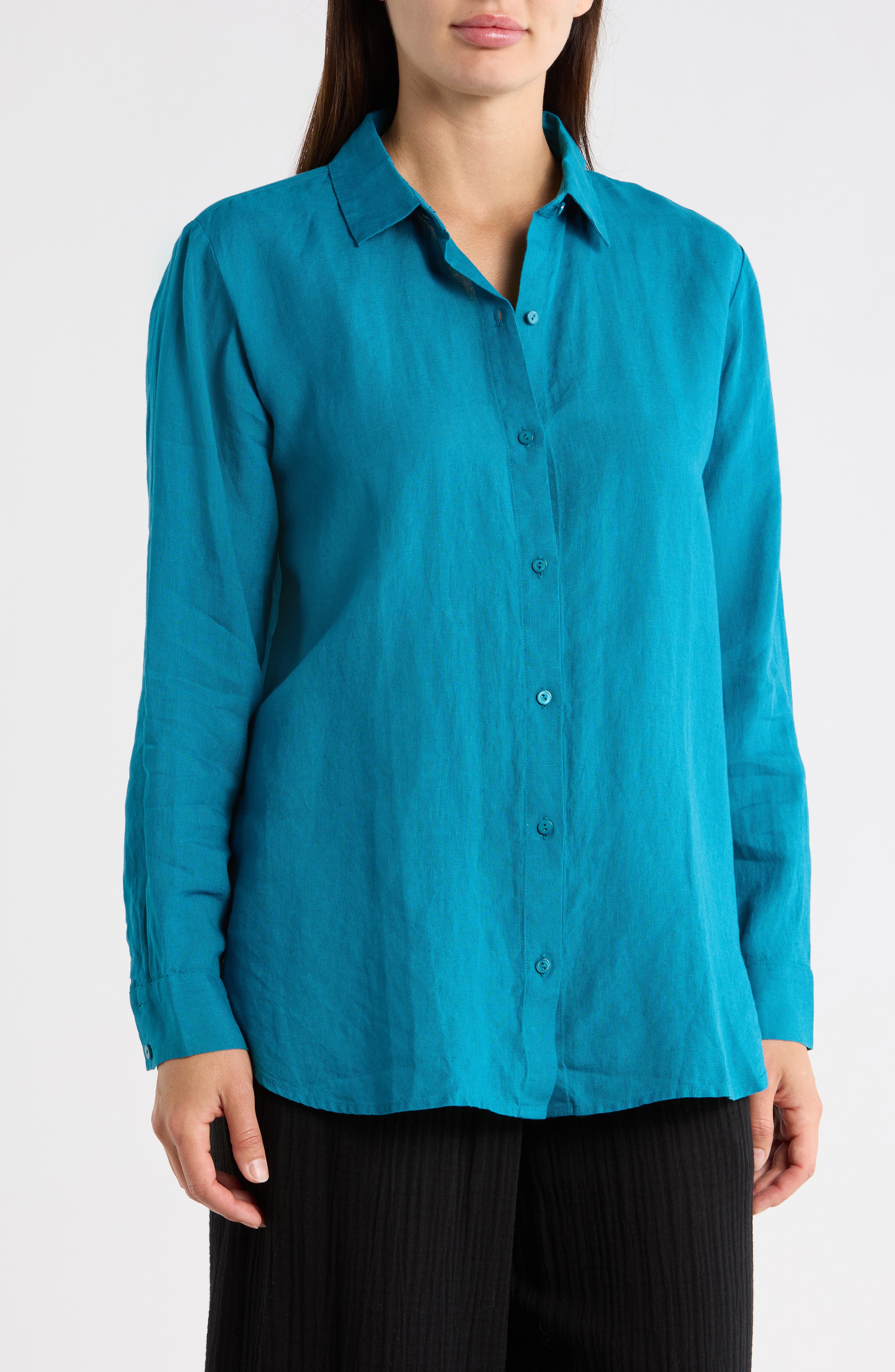 Eileen Fisher Classic Collar Organic Linen Long Button-Up Shirt