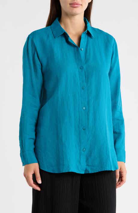 Eileen Fisher Classic Collar Organic Linen Long Button-Up Shirt