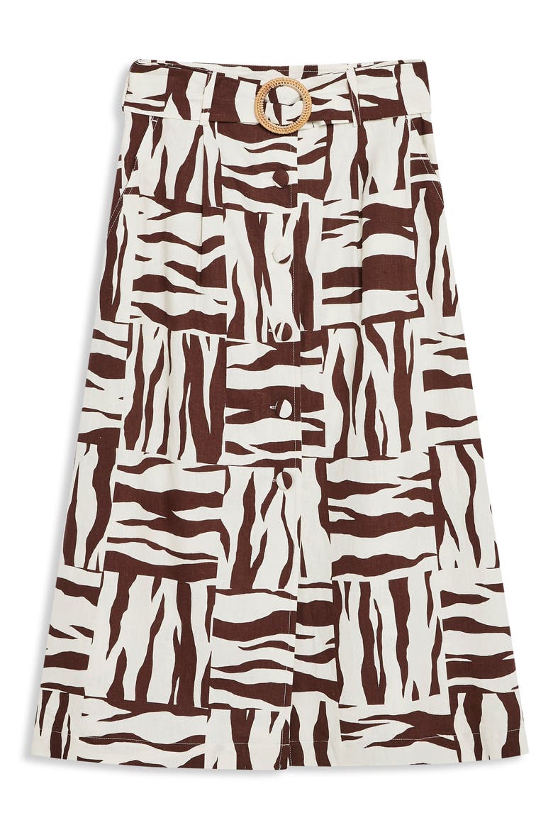 Zebra Print Linen Blend Midi Skirt, Alternate, color, BROWN MULTI