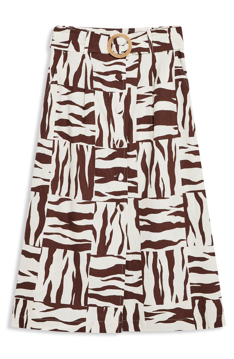 Topshop Zebra Print Linen Blend Midi Skirt, Alternate, color, 