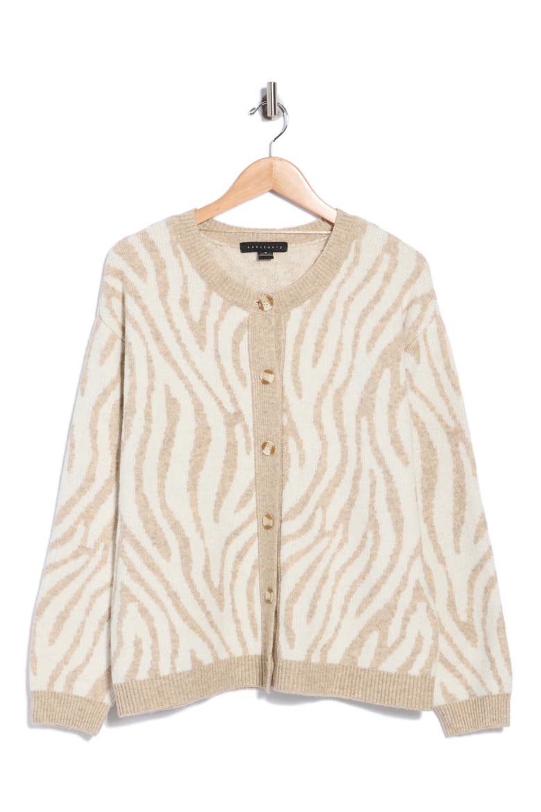 Zebra Print Crewneck Cardigan, Alternate, color, HEATHER WHITE/ SCONE ZEBRA