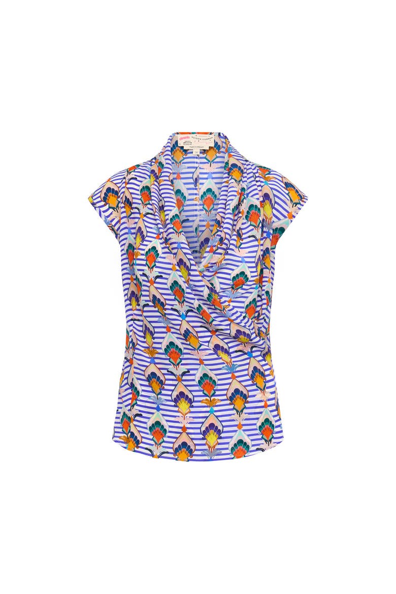 Printed Wrap Silk Top Streifen - Druck mit geometrischen Tulpen-Design, Main, color, White / Blue Multicolo