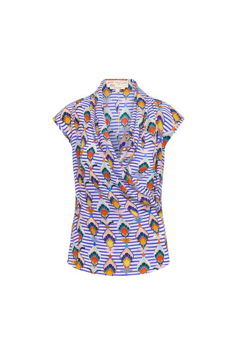 Printed Wrap Silk Top Streifen - Druck mit geometrischen Tulpen-Design