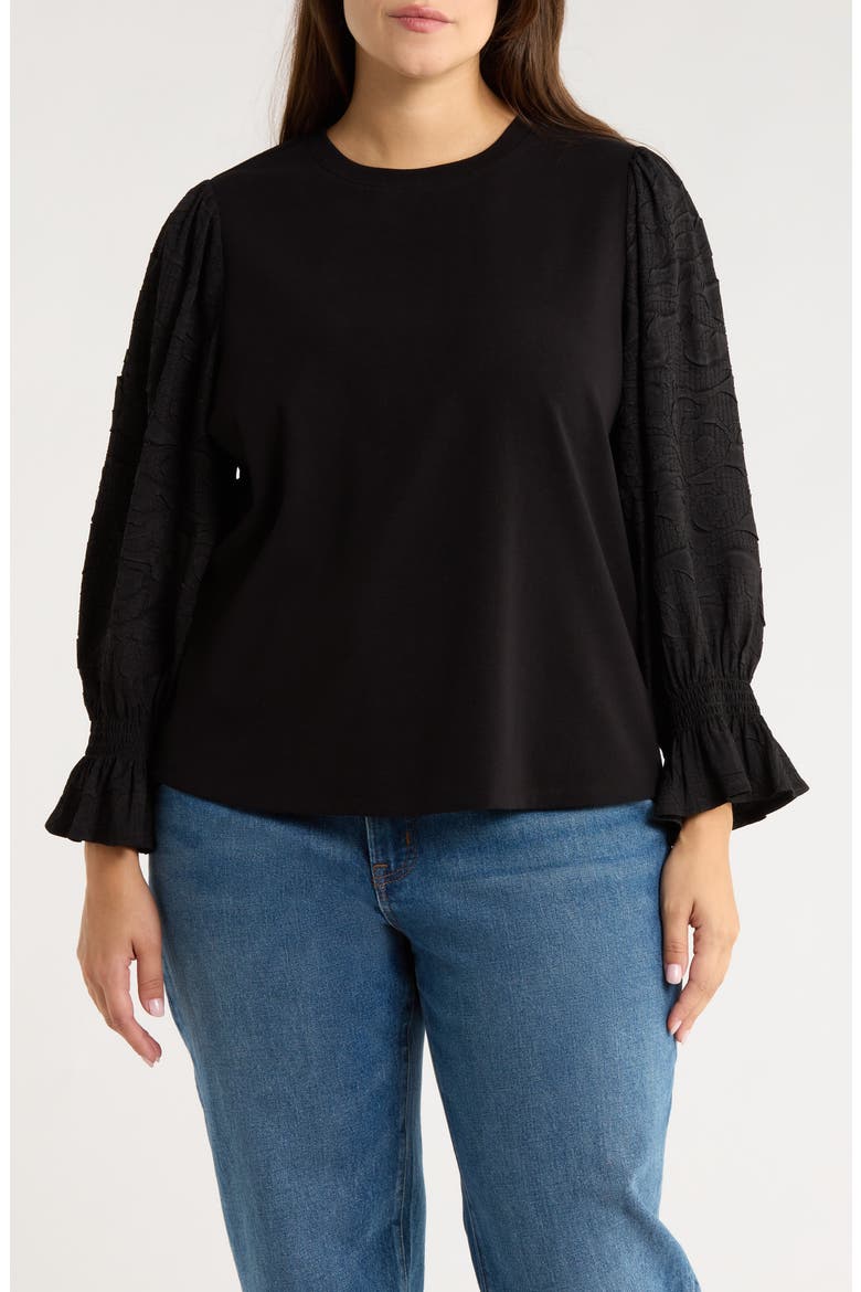 Mixed Media Smocked Sleeve Top(Plus), Main, color, BLACK
