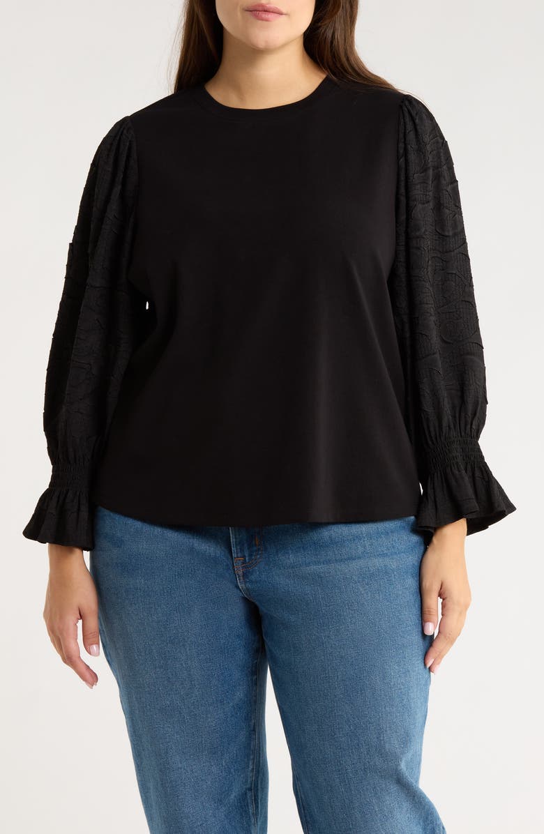 Wit & Wisdom Mixed Media Smocked Sleeve Top, Main, color, Black