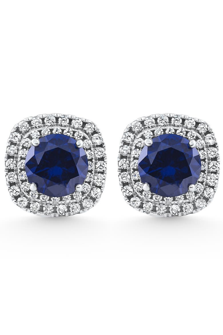 2.65Ct Cushion Halo Blue Sapphire Diamond Studs 14k Gold Earring Lab Grown, Main, color, 14k White Gold