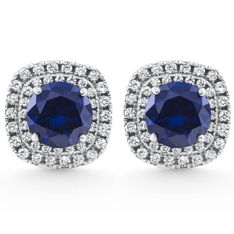 2.65Ct Cushion Halo Blue Sapphire Diamond Studs 14k Gold Earring Lab Grown