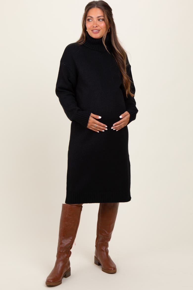 Turtleneck Side Slit Midi Sweater Dress, Alternate, color, Black