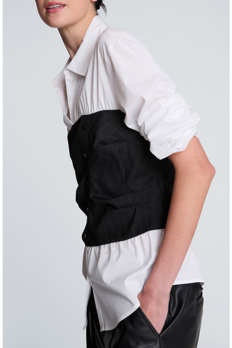 Pleated Bodice Poplin Shirt, Alternate, color, BLACK MLTI/ PURE WHITE