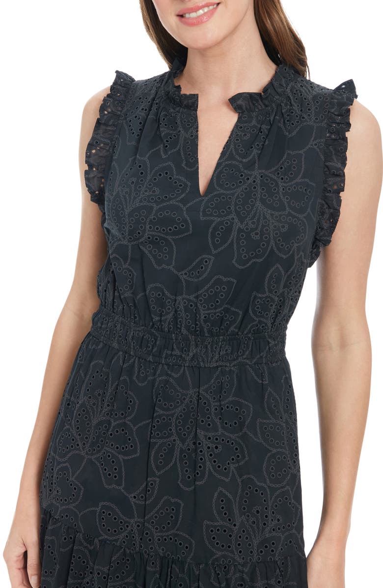 London Times Split Neck Ruffle Eyelet Dress, Alternate, color, Black