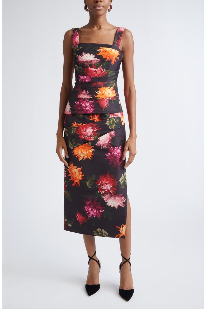 Chrysanthemum Print Pleated Faille Midi Dress, Main, color, BLACK MULTI