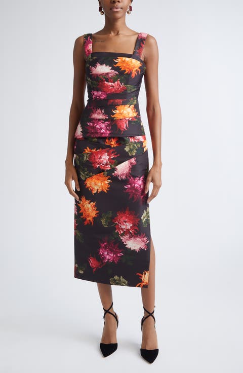 Chrysanthemum Print Pleated Faille Midi Dress