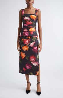 Chrysanthemum Print Pleated Faille Midi Dress