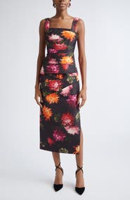 Carolina Herrera Chrysanthemum Print Pleated Faille Midi Dress