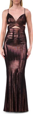 La Femme Cut Out Prom Dress with Metallic Stretch Jersey Fabric