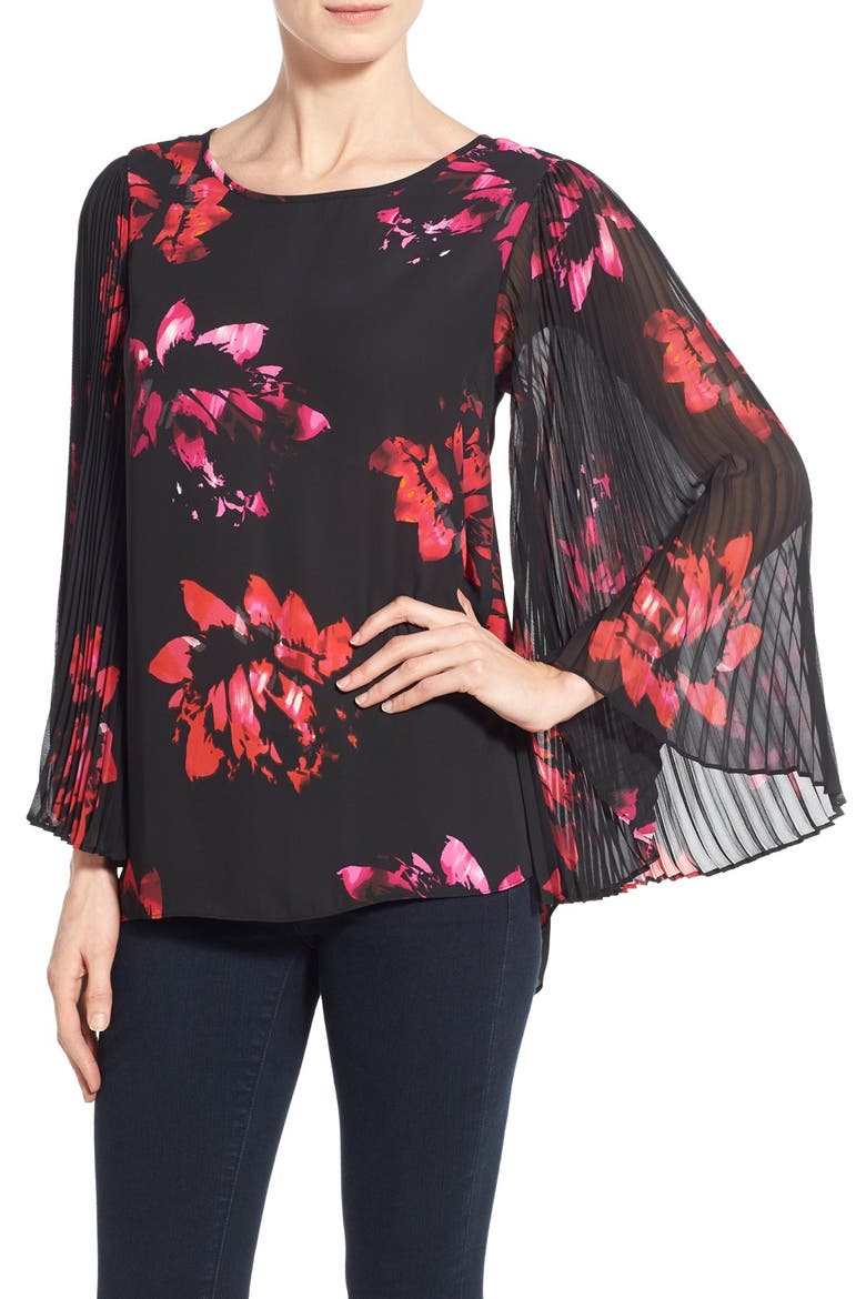 Pleat Sleeve High/Low Floral Blouse, Alternate, color, RICH BLACK