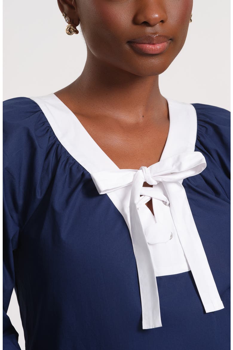 Long Sleeve Ruffle Hem Dress, Alternate, color, NAVY/ WHITE