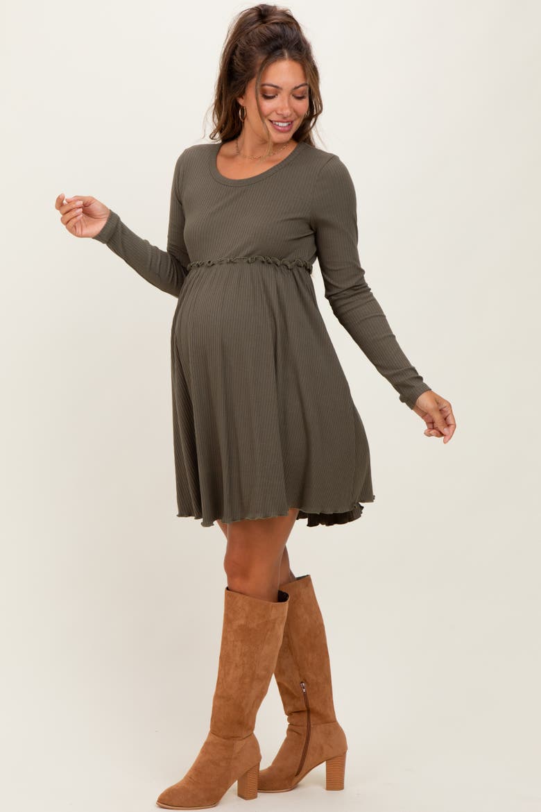 Solid Ribbed Long Sleeve Crewneck Shirring Mini Dress, Alternate, color, Olive Green