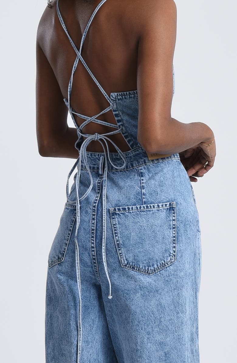 Molly Bracken Lace-Up Back Denim Jumpsuit, Alternate, color, 
