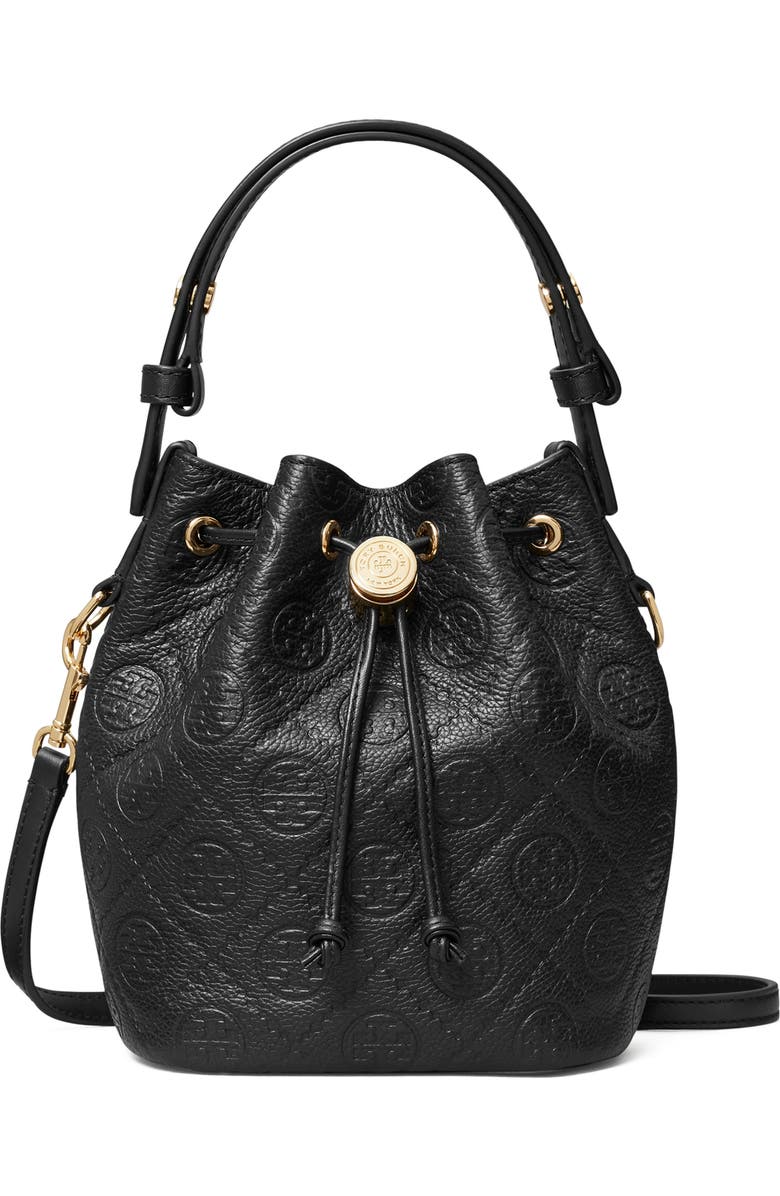 Tory Burch Mini T Monogram Pebble Leather Bucket Bag, Main, color,