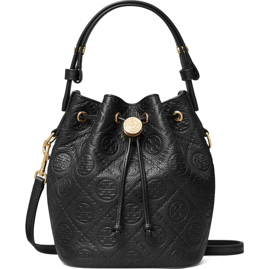 Tory Burch Mini T Monogram Pebble Leather Bucket Bag In Black