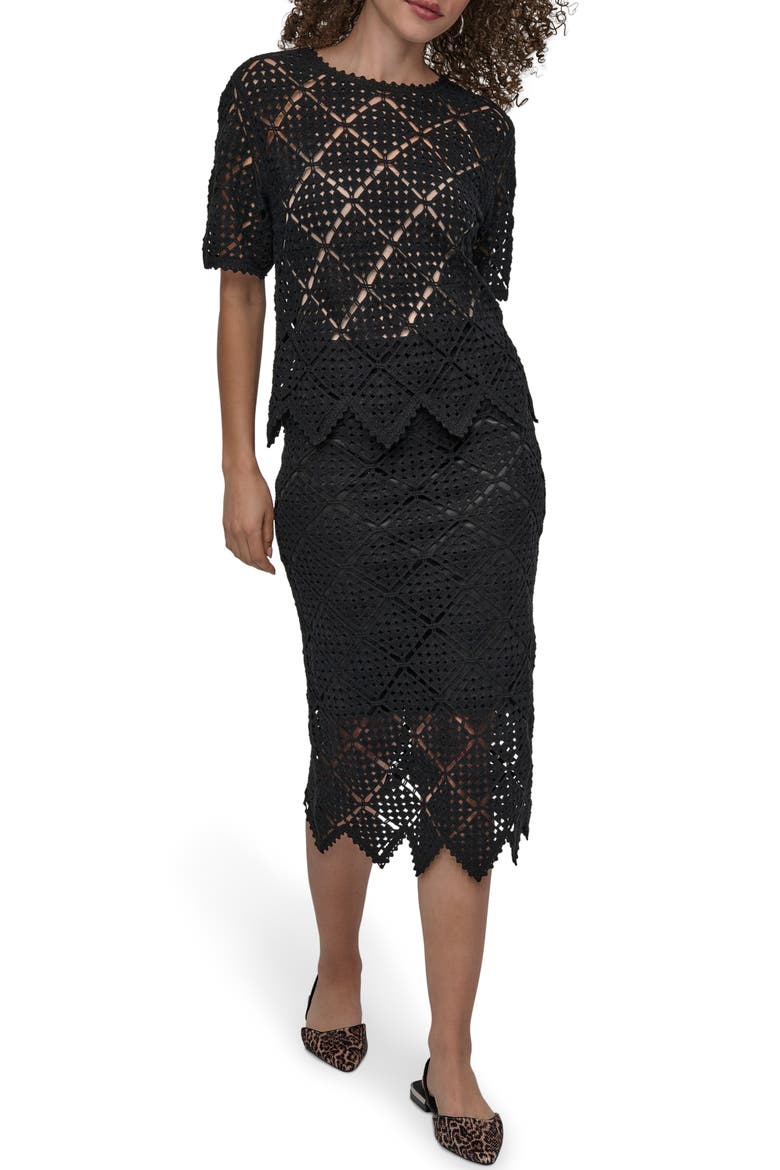 Crochet Stitch Short Sleeve Sweater, Alternate, color, BLACK