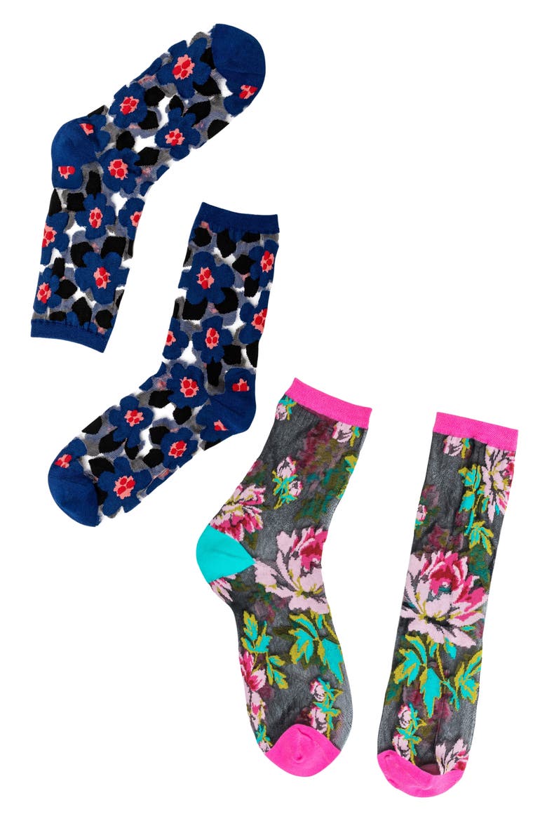 Bold Blooms Floral Sheer Crew Socks, Main, color, BLUE/ PINK