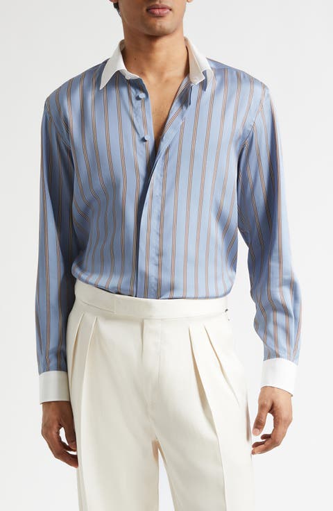 Fluid Fit Stripe Silk Jacquard Button-Up Shirt