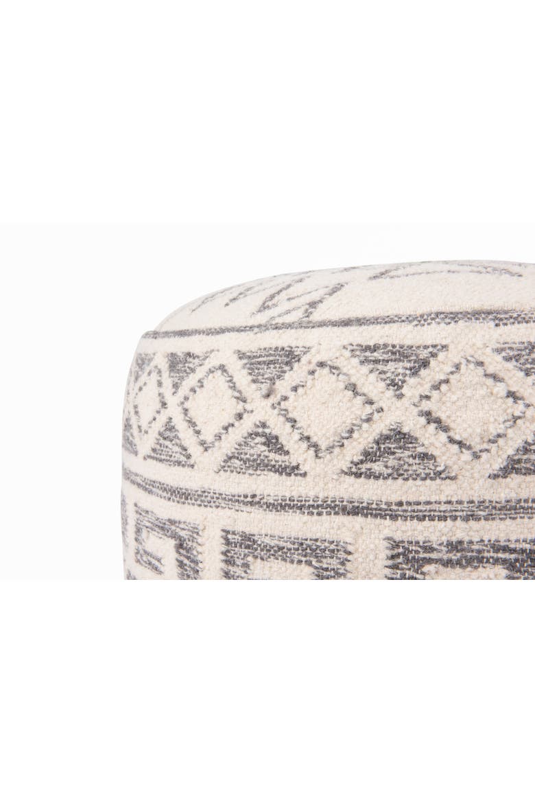Round Wool Blend Kilim Pouf with Geometric Design, Grey, Alternate, color, Grey