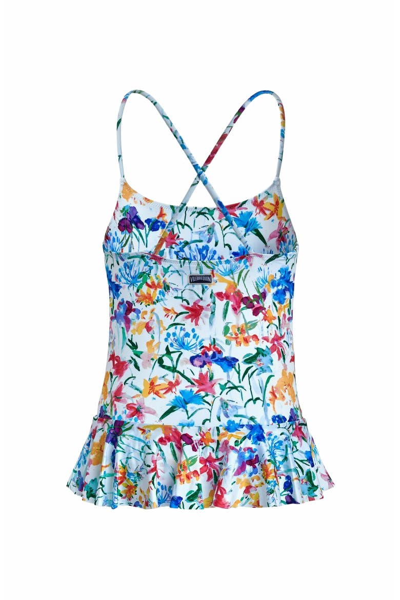 Kids' Happy Flowers Skirt One-Piece Swimsuit, Alternate, color, BLANC